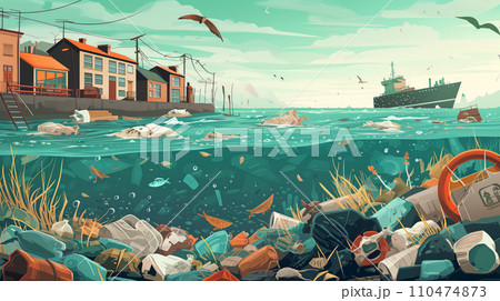 Illustration of ocean pollution at a seaside town with debris floating ashore 110474873