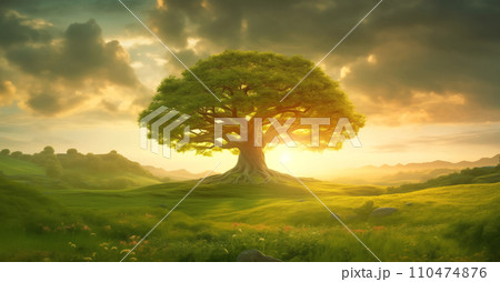 Solitary majestic tree at sunset in a vibrant meadow, idyllic and peaceful 110474876