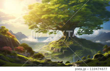 Majestic ancient tree on a cliff at sunrise, fantasy illustration 110474877