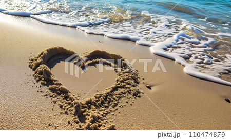 Heart drawn in the sand on a sunny beach with sea waves nearby 110474879