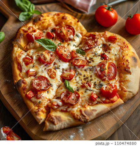 Freshly baked heart-shaped pizza with cherry tomatoes and basil on a wooden board 110474880
