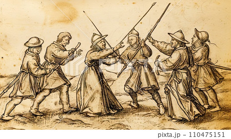 Medieval style illustration of the battle scene. 110475151