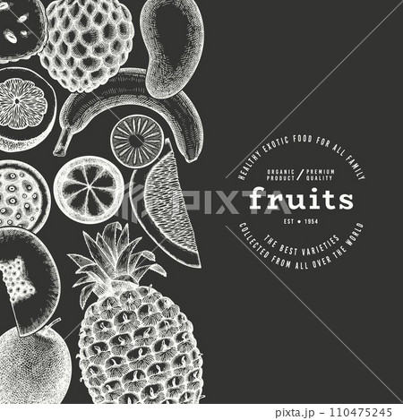 Tropical Fruit Design Template. Vector Hand Drawn Exotic Fruit Chalk Board llustration. Vintage Style Menu Illustration. 110475245