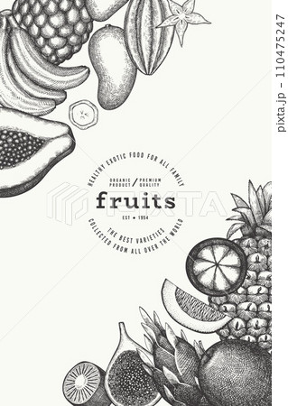 Tropical Fruit Design Template. Vector Hand Drawn Exotic Fruit Banner. Vintage Style Menu Illustration. 110475247