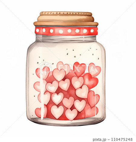 AI-generated content. Watercolor painting of a jar filled with layered red hearts, featuring a dotted red lid, perfect for romantic stationery or Valentine's Day decorations. 110475248