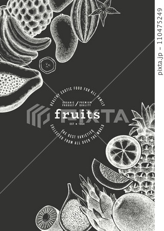 Tropical Fruit Design Template. Vector Hand Drawn Exotic Fruit Chalk Board llustration. Vintage Style Menu Illustration. 110475249