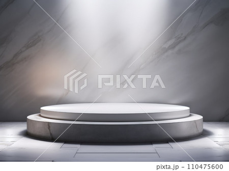 abstract modern minimal background with cobblestones on the wet floor. Trendy showcase with golden round frame and empty platform for product displaying abstract modern minimal background with cobblestones on the wet floor. Trendy showcase with golden round frame and empty platform for product displaying 110475600