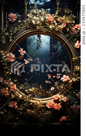 floral hoop digital backdrops. shoot set up with prop Flower and wood backdrop. Flower on hanging round floral hoop digital backdrops. shoot set up with prop Flower and wood backdrop. Flower on hanging round 110475601