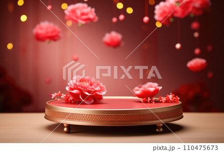 red cylinder podium for products display presentation, Chinese new year, Chinese Festivals, Mid Autumn Festival, poster, greeting card. 110475673