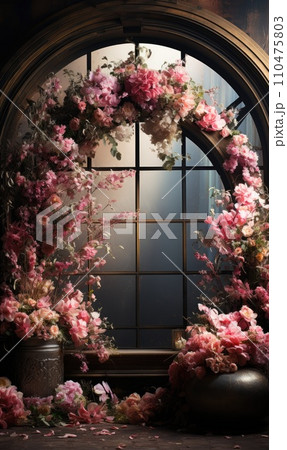 floral hoop digital backdrops. shoot set up with prop Flower and wood backdrop. Flower on hanging round floral hoop digital backdrops. shoot set up with prop Flower and wood backdrop. Flower on hanging round 110475803