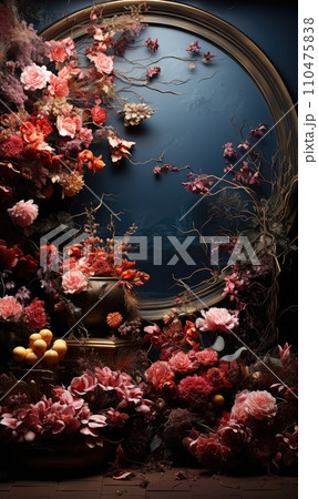 floral hoop digital backdrops. shoot set up with prop Flower and wood backdrop. Flower on hanging round 110475838