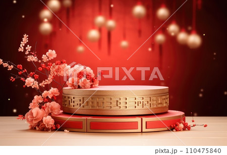 Red luxury background with product display podium element with 3d realistic chinese new year ornament 110475840