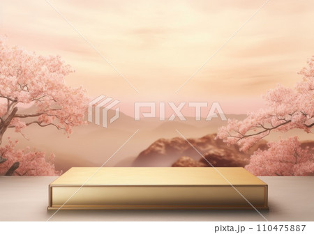 Realistic 3D render blank empty pastel pink podium with cherry blossom flower bouquet and blowing white curtain. Beauty products display, Backdrop Realistic 3D render blank empty pastel pink podium with cherry blossom flower bouquet and blowing white curtain. Beauty products display, Backdrop 110475887