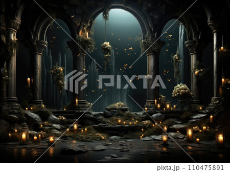 Black castle wall photography backdrop, elegant black mouldings, black drapes , golden flower on the wall. Black castle wall photography backdrop, elegant black mouldings, black drapes , golden flower on the wall. 110475891