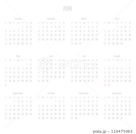 Monthly calendar of year 2026. Week starts on Sunday. Block of months in two rows and six columns horizontal arrangement. Simple thin minimalist design. Vector illustration. 110475963