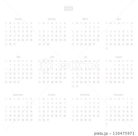 Monthly calendar of year 2023. Week starts on Sunday. Block of months in two rows and six columns horizontal arrangement. Simple thin minimalist design. Vector illustration. Monthly calendar of year 2023. Week starts on Sunday. Block of months in two rows and six columns horizontal arrangement. Simple thin minimalist design. Vector illustration. 110475971