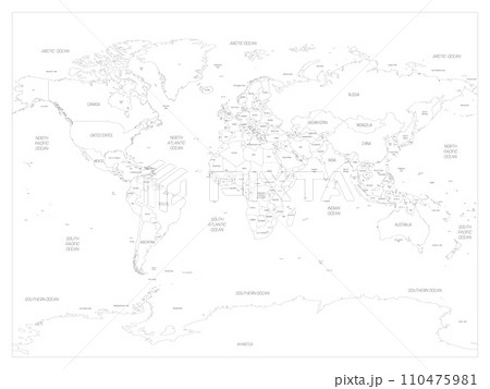 Map of World. Detailed thin black outline political map with country, sea and ocean names. Vector map. Map of World. Detailed thin black outline political map with country, sea and ocean names. Vector map. 110475981