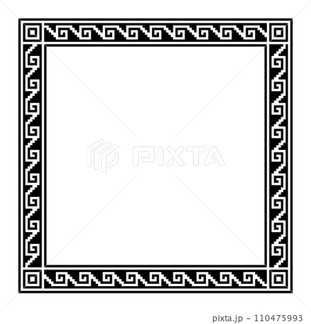 Stepped fret motif, Aztec style square frame with meander pattern. Border made of steps, seamlessly connected to a spiral, similar to Greek key. Also referred to as step fret design or Xicalcoliuhqui. 110475993