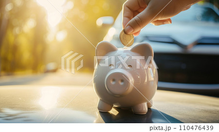 Piggy bank money box on a car background, 110476439