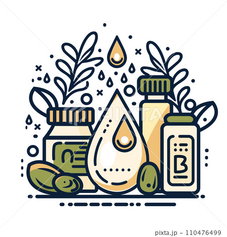 Olive oil and olives vector line icon. Olive oil bottle with olives and olive branch. Nutrition and healthy life style concept. 110476499