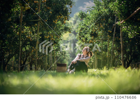 A happy woman farmer is resting in orchard or orange farm. A happy woman farmer is resting in orchard or orange farm. 110476686