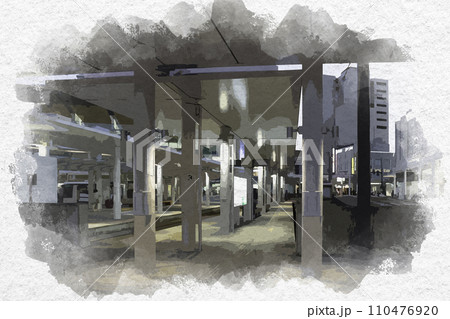 水彩画風 福井市街 福井鉄道福井駅 福井県福井市 水彩画風 福井市街 福井鉄道福井駅 福井県福井市 110476920