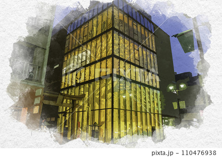 水彩画風　福井市街　北の庄通り　柴田神社鳥居　福井県福井市 110476938