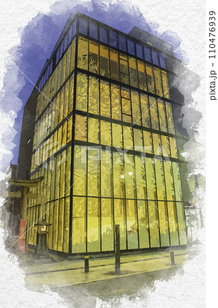 水彩画風　福井市街　北の庄通り　柴田神社鳥居　福井県福井市 110476939