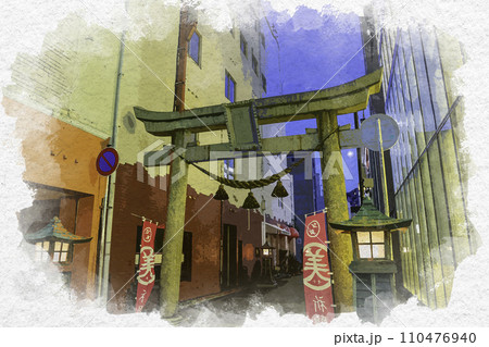 水彩画風　福井市街　北の庄通り　柴田神社鳥居　福井県福井市 110476940