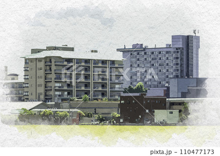 水彩画風　越前あわら温泉　温泉街　福井県あわら市 110477173