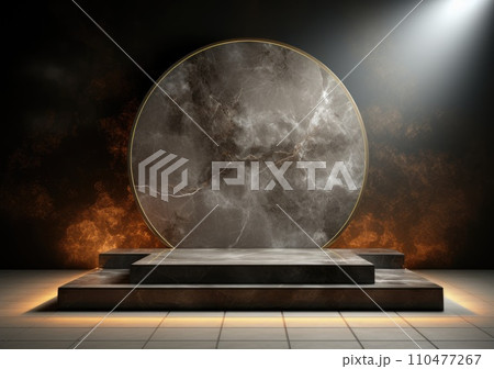 Dark podium, showcase for advertising products and goods. Display with natural stones and green tropical branches. Background for natural cosmetics and branding Dark podium, showcase for advertising products and goods. Display with natural stones and green tropical branches. Background for natural cosmetics and branding 110477267