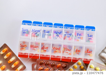 Drugs use for treatment is weekly organizer dispenser take of pills, tablets, capsules medicines blister packs Drugs use for treatment is weekly organizer dispenser take of pills, tablets, capsules medicines blister packs 110477476