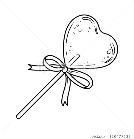 Hand drawn vector illustration of a lollipop on a stick with a bow. Romantic doodle sketch candy for valentine's day 110477533