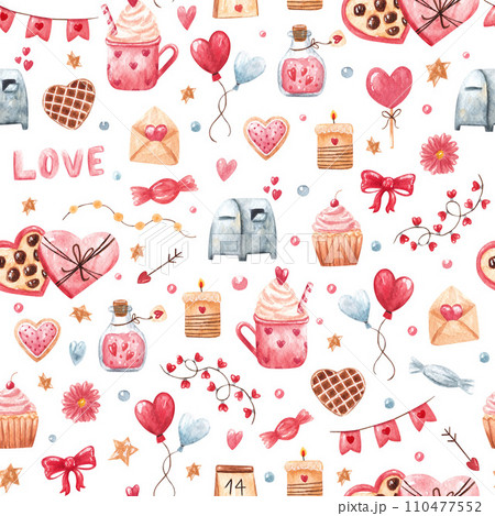 Watercolor seamless pattern with love symbols and sweets. Hand drawn cute elements as balloons, garland, flags, hearts, letter, candies 110477552
