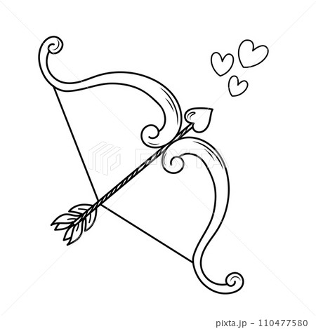Hand drawn vector illustration of Cupid's bow with arrow and hearts. Romantic doodle sketch for valentine's day.  110477580