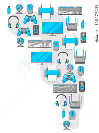 Background with computer equipment. Gaming technology and work devices. 110477633