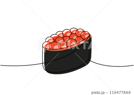 Ikura sushi, tobiko maki sushi one line colored continuous drawing. Japanese cuisine, traditional food continuous one line illustration. Ikura sushi, tobiko maki sushi one line colored continuous drawing. Japanese cuisine, traditional food continuous one line illustration. 110477668