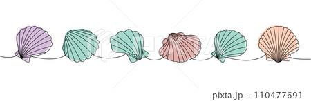 Underwater shells set. Sea shells, mollusks, scallop, pearls. Tropical underwater shells continuous one line illustration. Underwater shells set. Sea shells, mollusks, scallop, pearls. Tropical underwater shells continuous one line illustration. 110477691