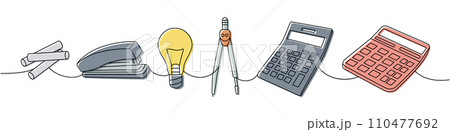 School supply assortment. Back to school one line colored continuous drawing. Calculators, compass divider, chalk pencil, crayons, office stapler School supply assortment. Back to school one line colored continuous drawing. Calculators, compass divider, chalk pencil, crayons, office stapler 110477692