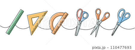 Set of school supplies. Back to school one line colored continuous drawing. Scissors, Ruler scale, protractor and triangle ruler, measuring tool Set of school supplies. Back to school one line colored continuous drawing. Scissors, Ruler scale, protractor and triangle ruler, measuring tool 110477693
