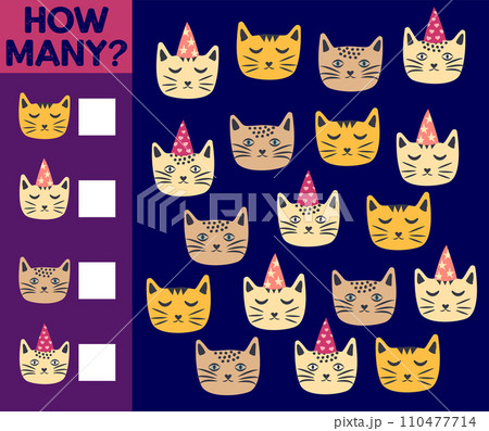 How many Cat, game for children. How many are they game. Count the Cats in the picture and write the result. How many Cat, game for children. How many are they game. Count the Cats in the picture and write the result. 110477714