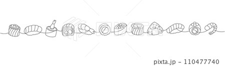 Sushi foods collection. Japanese traditional food one line drawing. Ikura sushi, tobiko maki, sake nigiri, philadelphia roll, futomaki, onigiri 110477740