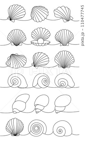 Mollusks set. Sea shells, mollusks, scallop, pearls. Tropical underwater shells continuous one line illustration. Vector minimalist illustration. 110477745