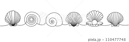 Set of sea shells. Sea shells, mollusks, scallop, pearls. Tropical underwater shells continuous one line illustration. Vector minimalist illustration. 110477748