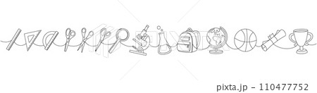 School supplies one line drawing. Back to school. Scissors, ruler scale, schoolbag, globe, basketball ball, magnifying glass, microscope, test tubes 110477752