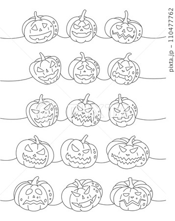 Autumn pumpkins faces. Pumpkins with scary faces one line continuous drawing. Autumn halloween vegetables continuous one line illustration. 110477762
