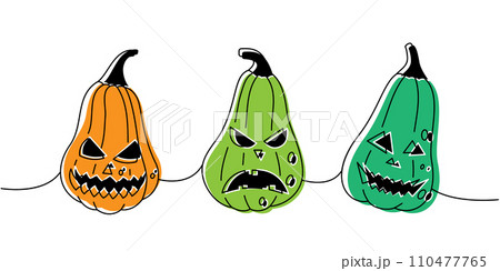 Halloween pumpkins faces. Pumpkins scary faces set one line colored continuous drawing. Autumn halloween vegetables continuous one line illustration. Halloween pumpkins faces. Pumpkins scary faces set one line colored continuous drawing. Autumn halloween vegetables continuous one line illustration. 110477765