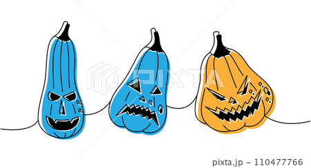 Autumn pumpkins scary faces. Pumpkins with scary faces one line colored continuous drawing. Halloween vegetables continuous one line illustration. Autumn pumpkins scary faces. Pumpkins with scary faces one line colored continuous drawing. Halloween vegetables continuous one line illustration. 110477766
