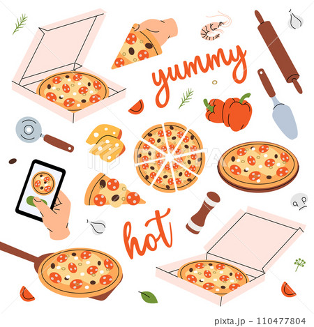 Traditional pizza set. Fresh italian fast food. Restaurant cafe menu. Italian cuisine, traditional food. Vector illustration. Traditional pizza set. Fresh italian fast food. Restaurant cafe menu. Italian cuisine, traditional food. Vector illustration. 110477804