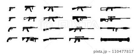 Various modern weapons. Military weapons silhouettes. Tactical assault rifles, smoothbore guns, AK 47, sniper rifles, anti-tank grenade launchers. 110477817